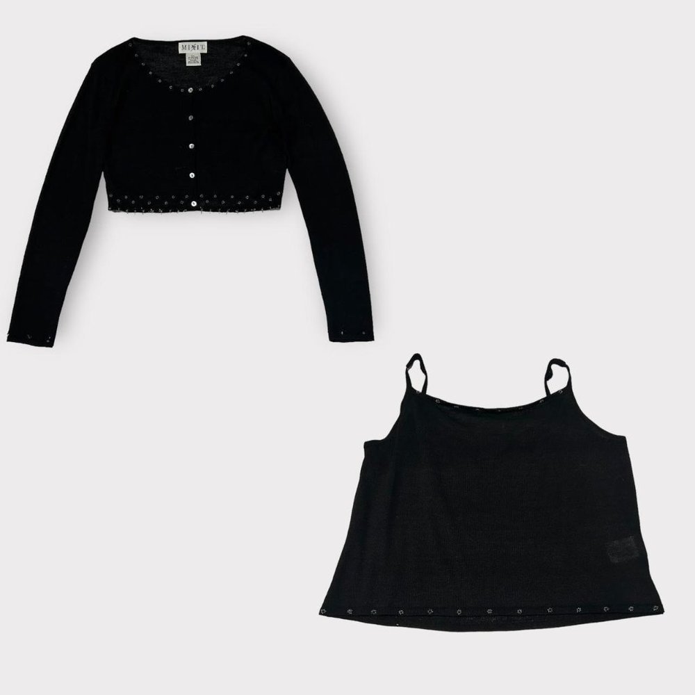1990s grunge black bolero button up beaded sweater with matching knit cami top
